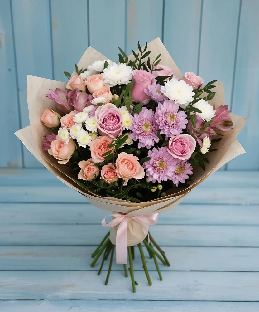 Букет цветов из: Хризантемы, Розы и Альстромерии в Аржановской